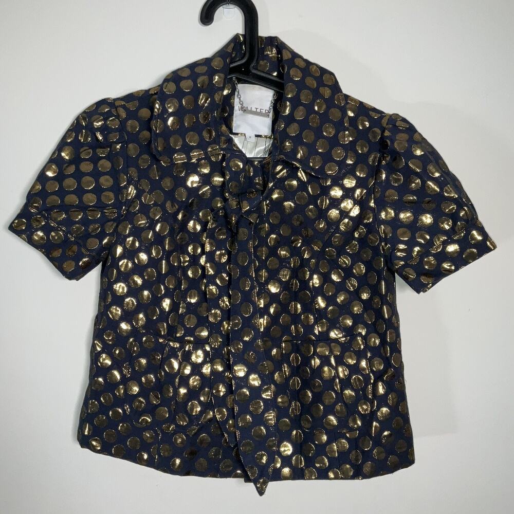 Walter Navy Gold Metallic Polka‎ Dot Cropped Blazer Short Puff Sleeve Button Tie